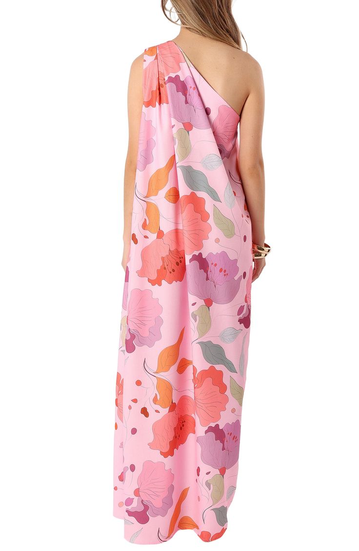 A mesmerizing floral print makes a stunning statement on a relaxed maxi dress fashioned in a one-shoulder silhouette for modern appeal. Hidden side-zip closure One-shoulder neck Sleeveless Unlined 100% polyester Hand wash, line dry Imported One Shoulder Feminine Maxi Dress For Summer, One Shoulder Maxi Dress For Garden Party, Beach One-shoulder Maxi Dress, Spring Vacation Maxi Dress With Asymmetrical Neckline, Chic Floral Print One-shoulder Dress, Chic One-shoulder Dress With Floral Print, Spring Floral Print Pink One Shoulder Dress, Spring Pink One Shoulder Dress With Floral Print, Pink Floral One Shoulder Dress