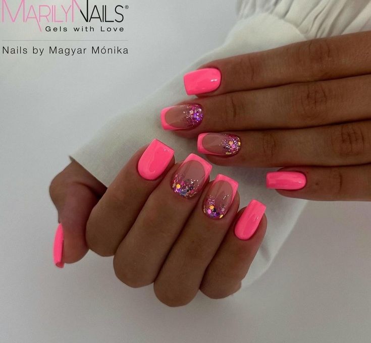 Bright Pink Nails With Design, Cruise Nail Ideas, Pink Nails With Design, Bright Pink Nails, Nails With Design, Cruise Nails, Band Nails, Summery Nails, Pretty Nail Art Designs