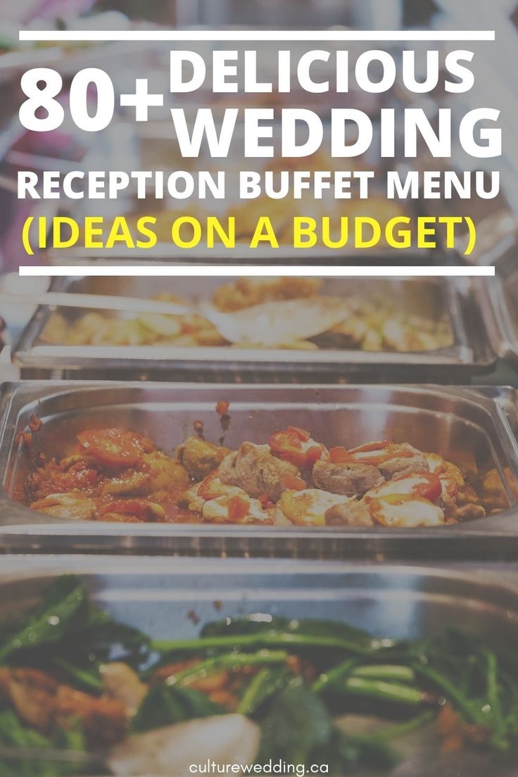 the words, 80 + delicious wedding reception buffet menu ideas on a budget