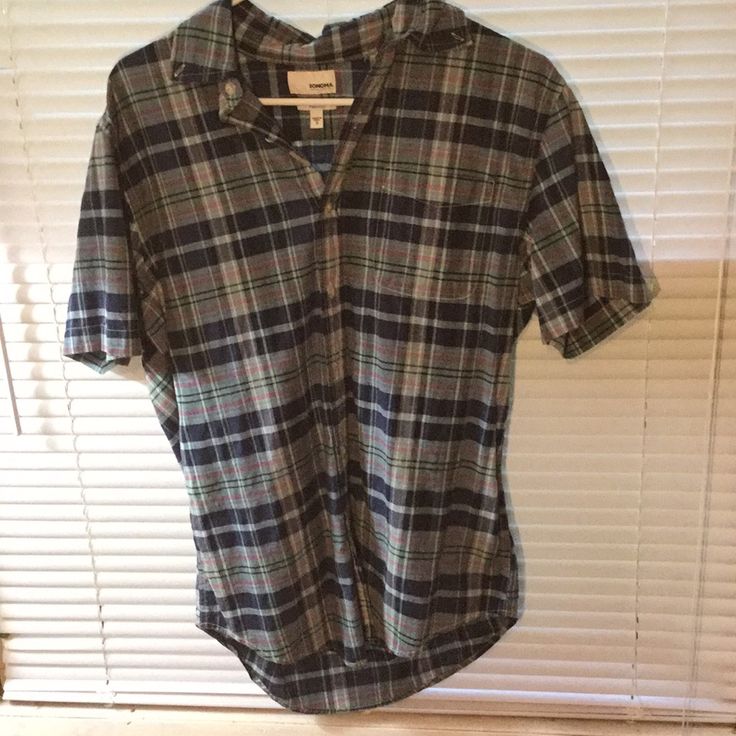 Green, Blue, Grey, And Red Plaid Shirt. Short Sleeve And Pretty Airy. Never Worn. Casual Short Sleeve Flannel Shirt With Button Closure, Casual Plaid Tops With Placket, Casual Short Sleeve Flannel Shirt, Summer Casual Flannel Shirt With Button Closure, Casual Summer Flannel Shirt With Button Closure, Casual Plaid Short Sleeve Camp Shirt, Plaid Short Sleeve Shirt For Everyday, Casual Plaid Short Sleeve Shirt With Button Closure, Casual Plaid Camp Shirt With Relaxed Fit