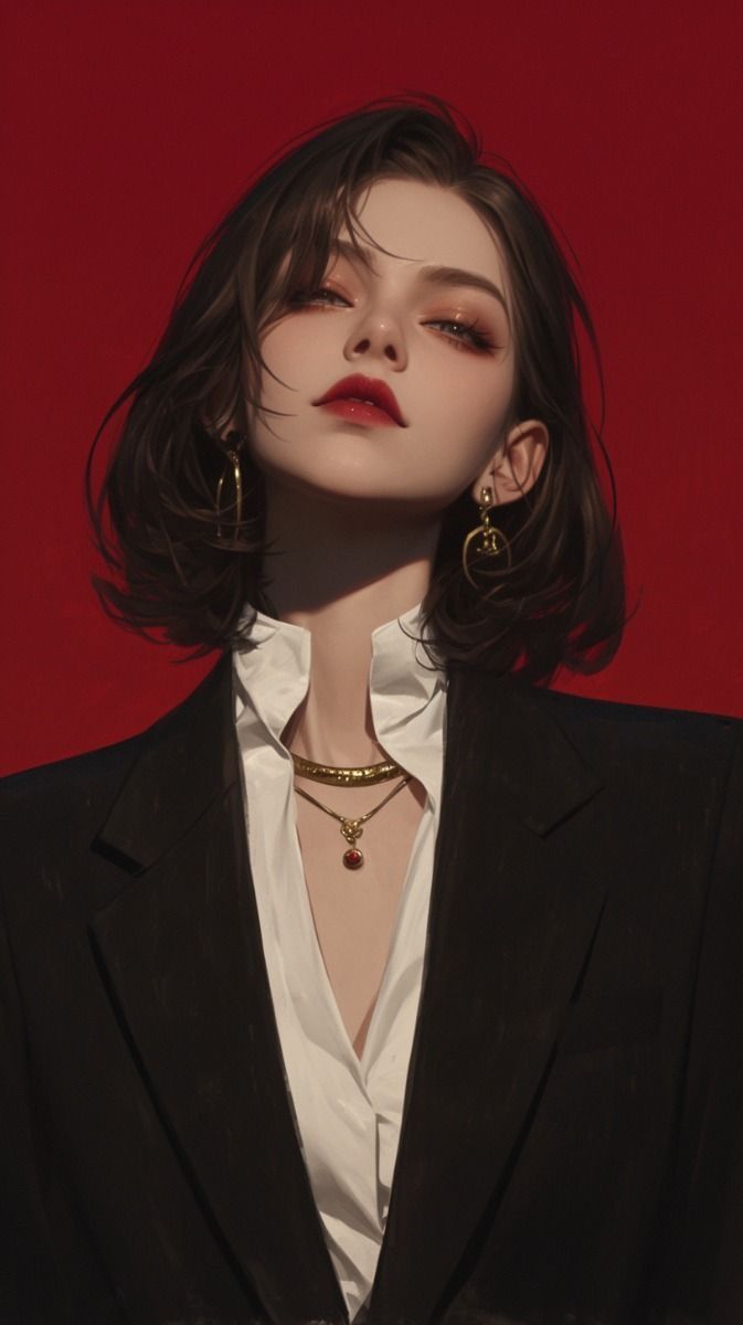 a woman with dark hair wearing a black jacket and white shirt, gold earrings and necklace