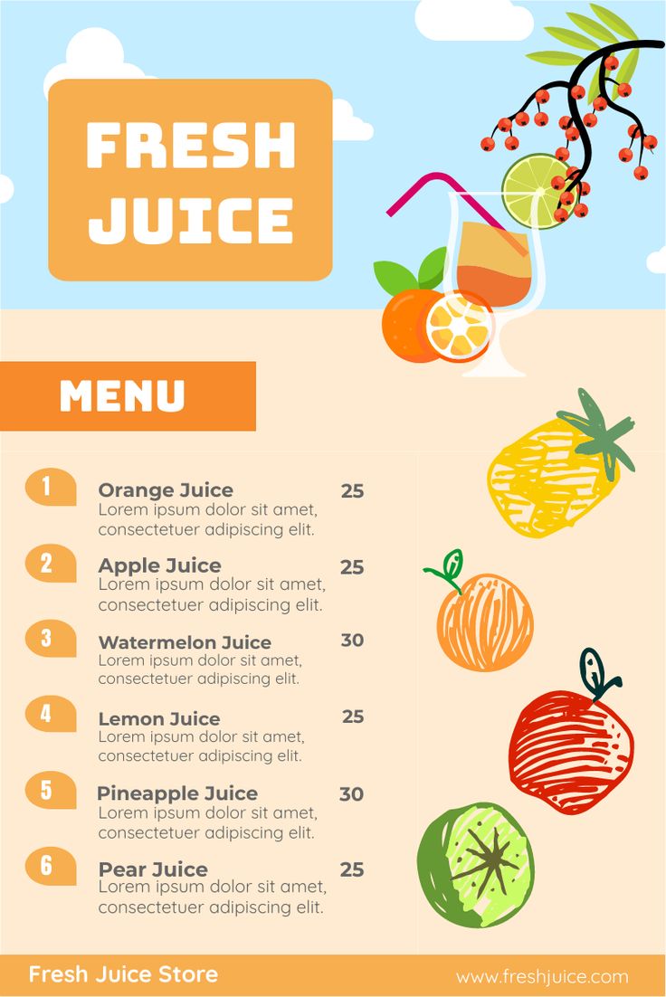 a menu for fresh juice with oranges, lemons and other fruits on it