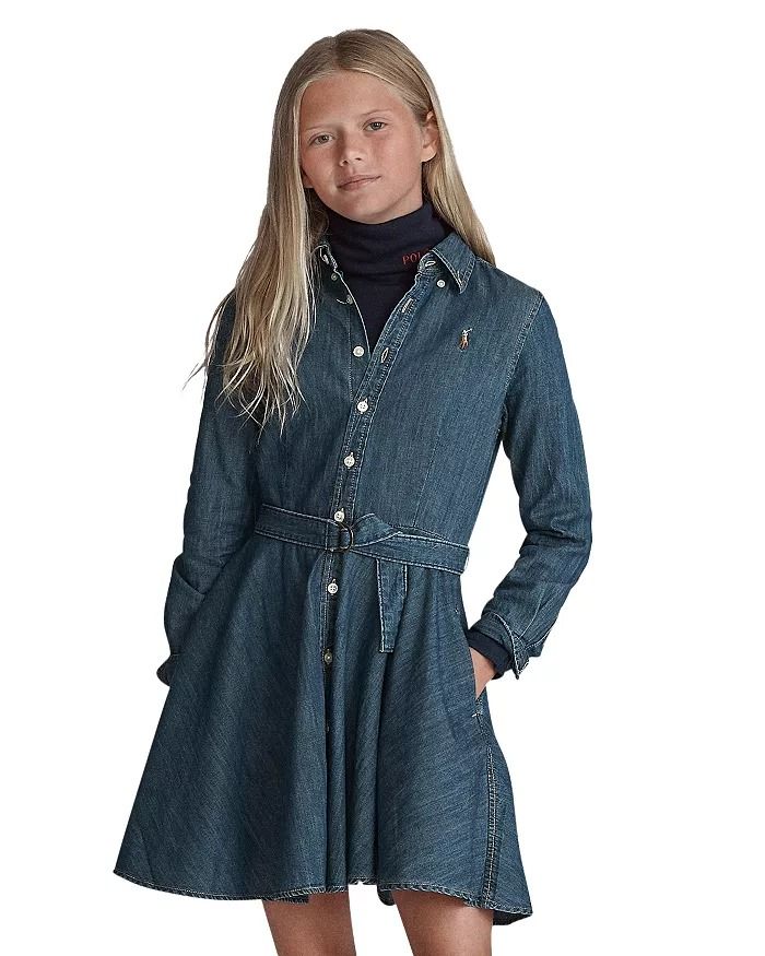 Ralph Lauren - Girls' Denim Shirt Dress with Belt - Little Kid, Big Kid Casual Collared Denim Dress, Casual Cotton Denim Dress For Work, Casual Relaxed Fit Dress For Fall, Casual Long Sleeve Dark Colored Dress, Casual Collared Denim Dress For Fall, Casual Long Sleeve Denim Dress, Fitted Long Sleeve Denim Dress Casual, Ralph Lauren Dresses For Fall, Collared Denim Blue Dress For Fall