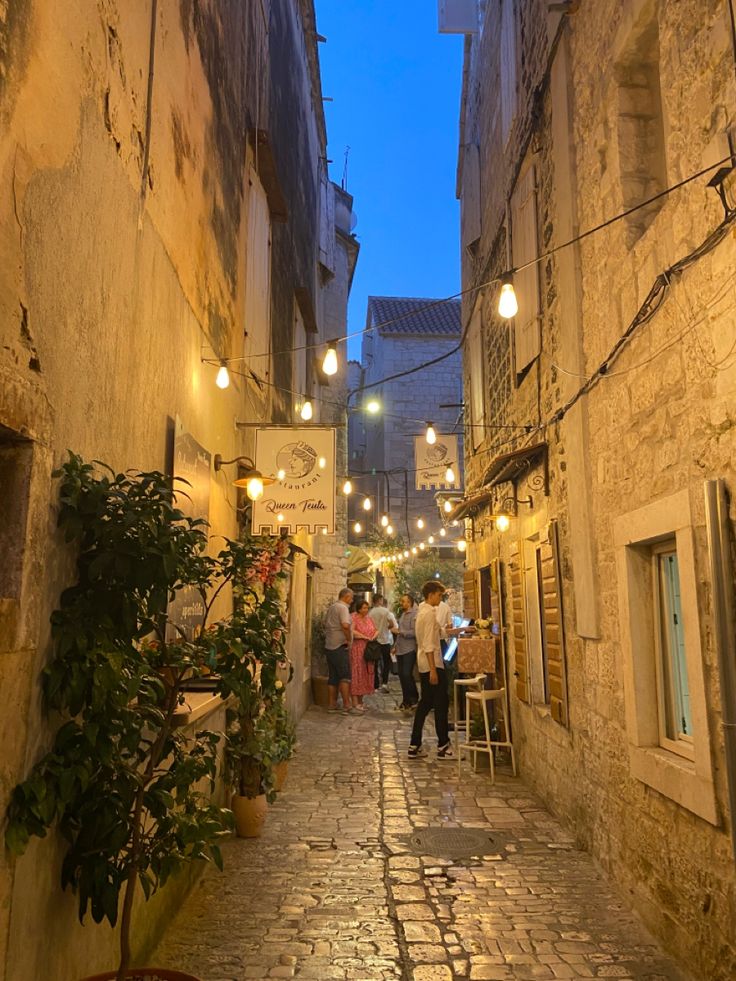 people are walking down an alley way at night with lights strung from the buildings and potted plants on either side