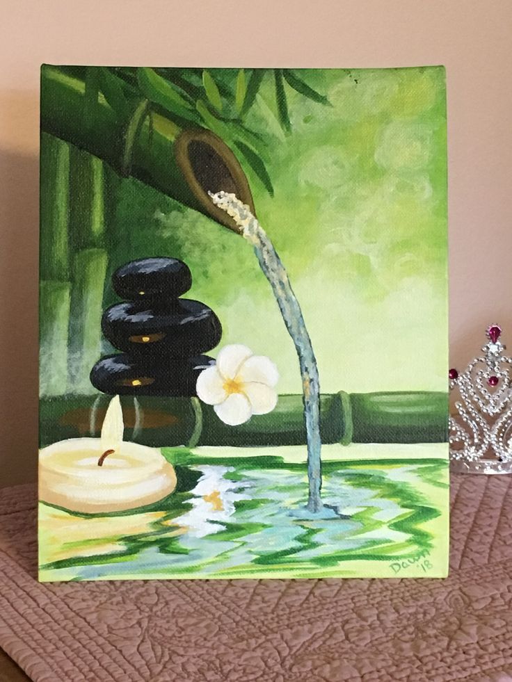 a painting of flowers and rocks on a table next to a water fountain with candles