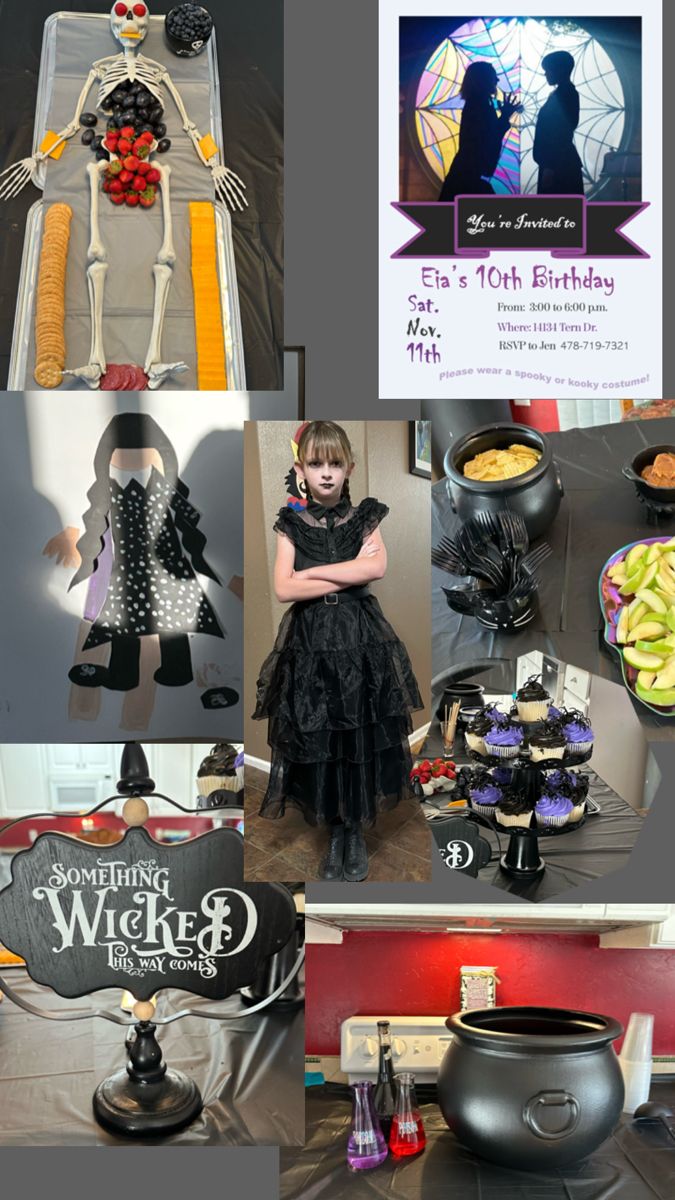 My daughter’s Wednesday-themed birthday party was awesome!  She designed a Pin the Clothes on Wednesday game. We served our punch out of a cauldron, the fruit out of a skeleton, and the caramel for the apples out of a little tiny cauldron. I designed the invitation myself and it was great! We also had candelabras and black lace table cloths that looks like spiderwebs. It was a lot of fun. Something Wicked, A Skeleton, Lace Table, Lace Tablecloth, Punch Out, Table Cloths, Themed Birthday Party, The Fruit, 10th Birthday