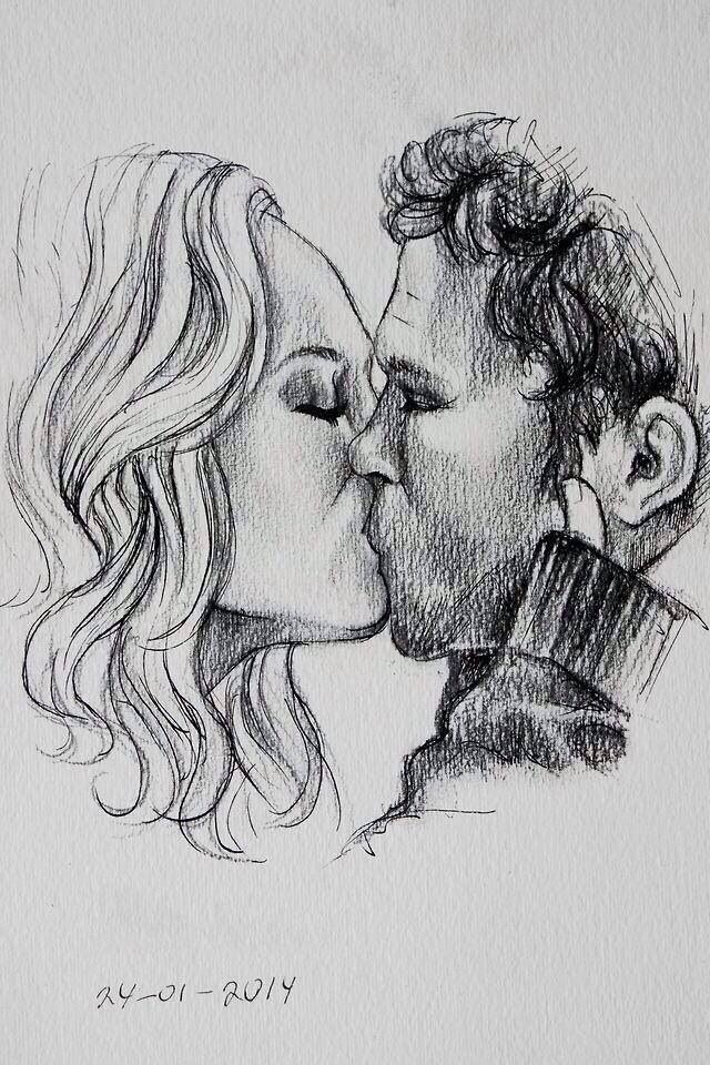 a drawing of two people kissing each other