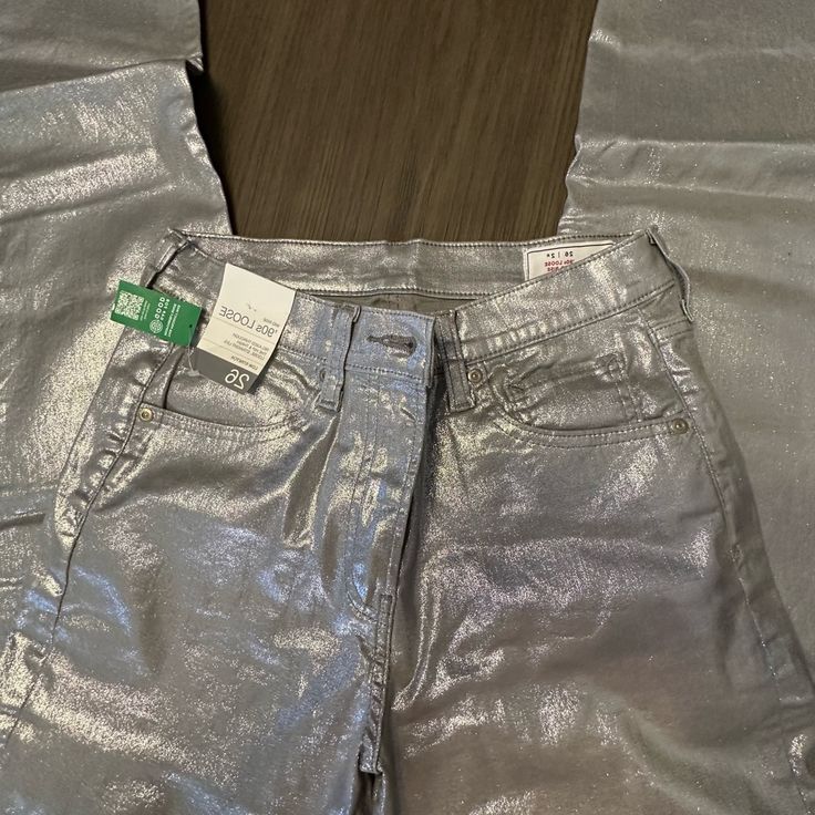 Silver Loose Pants. Nwt 90s High Waist Pants With Five Pockets, 90s Style Stretch Straight Leg Bottoms, 90s Style Stretch Wide Leg Pants, 90s Style Five Pocket Pants For Spring, 90s Style Five-pocket Pants For Spring, Trendy Gap Wide Leg Bottoms, Gap Straight Leg Bottoms With Five Pockets, Gap Fitted High-waisted Pants, Gap High Waist Fitted Bottoms