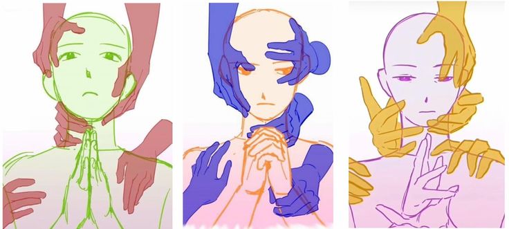 three different colored images of people with hands on their chest and one holding his face