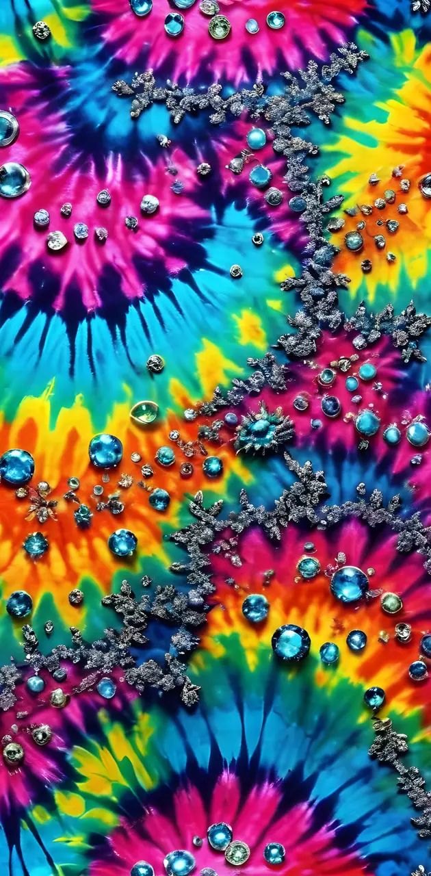 colorful tie - dyed fabric with drops of water on it