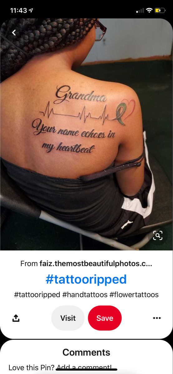 the back of a woman's shoulder with tattoos on it and an advertise for