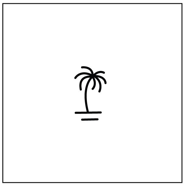 a black and white drawing of a palm tree in the middle of a square frame