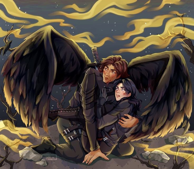 two people sitting on the ground with an angel wings over their heads, and one person hugging