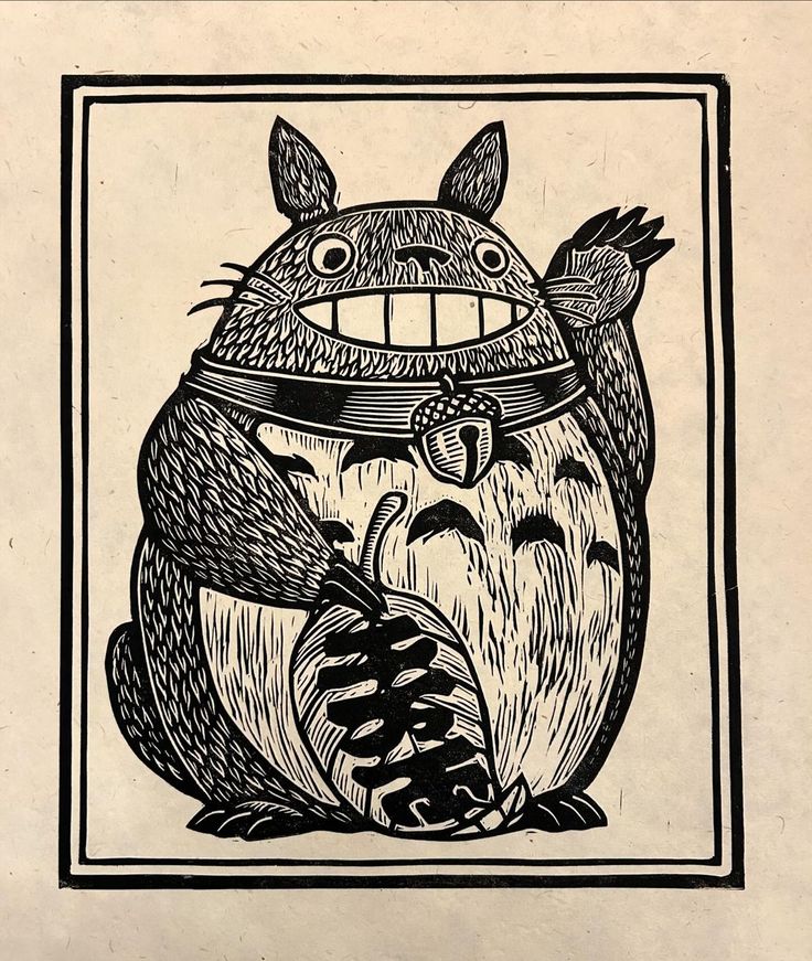 a black and white drawing of a monster holding a pine cone in its mouth with another creature on it's back