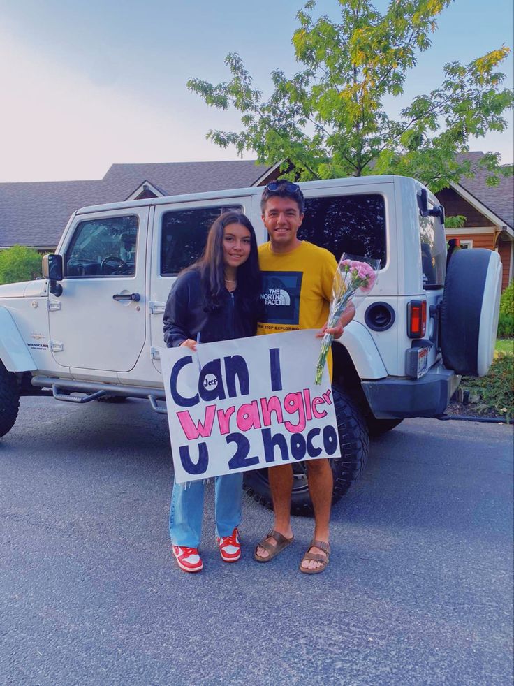 Two high schoolers standing in front of white Jeep and asking them to homecoming dance Homecoming Signs, U 2, Homecoming, Jeep, The North Face, High School, Sports Jersey, Quick Saves