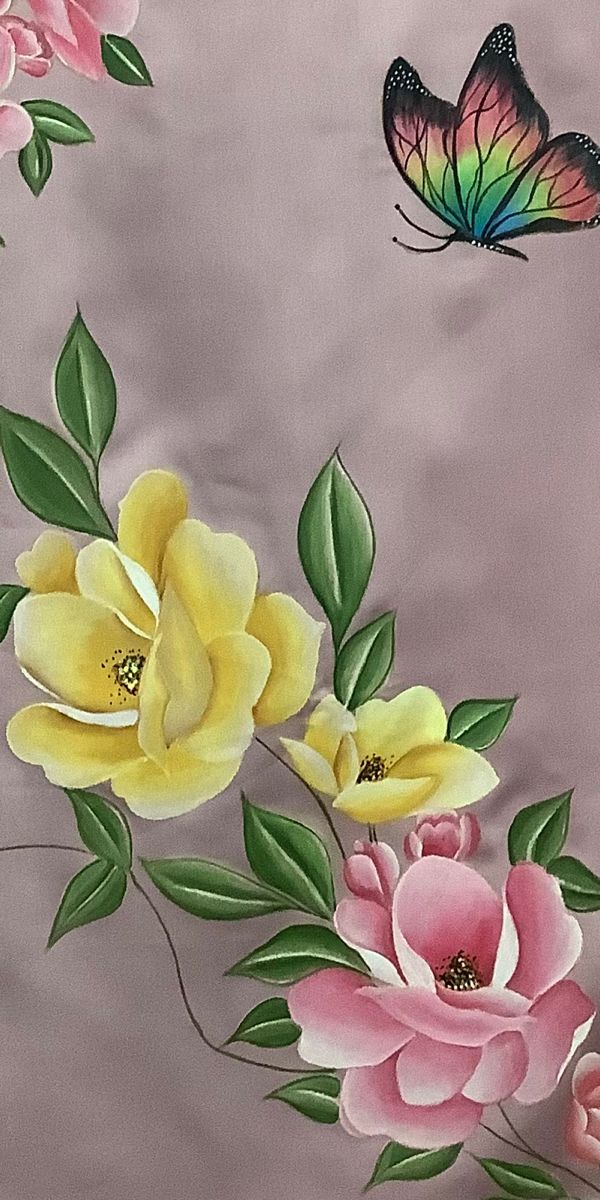 a painting of flowers and butterflies on a gray background with pink, yellow, and green leaves