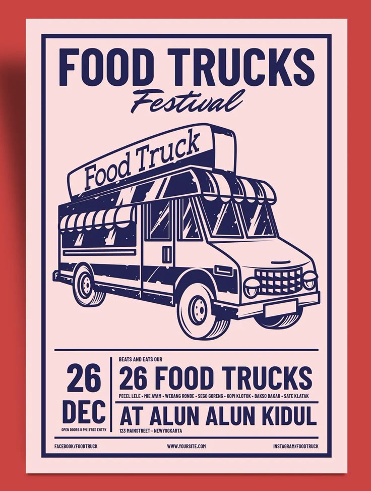 the food truck festival poster is displayed on a red background with an orange and white frame