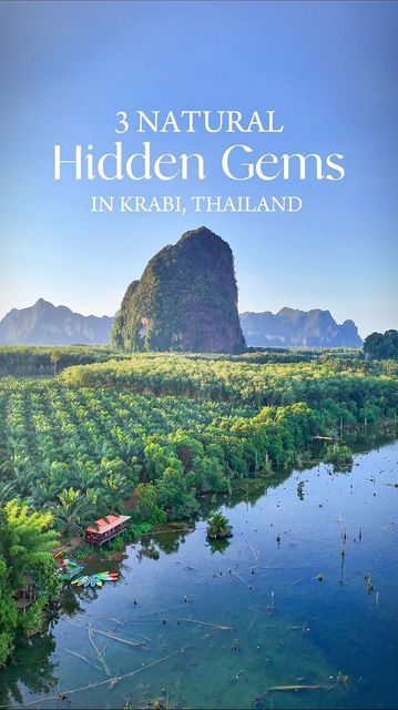 the cover of 3 natural hidden gems in krabi thailand, featuring mountains and trees