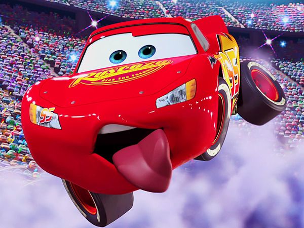 a cartoon character flying through the air in front of a stadium full of people and cars