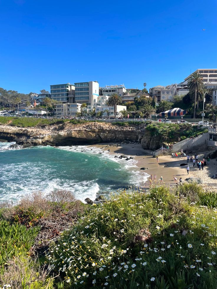 the beach is lined with flowers and buildings