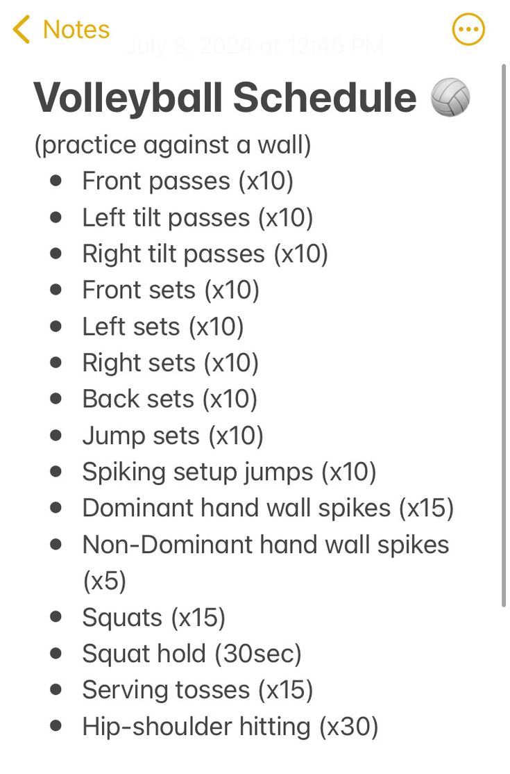 the volleyball schedule is shown with instructions for each player to practice their moves and how to use it