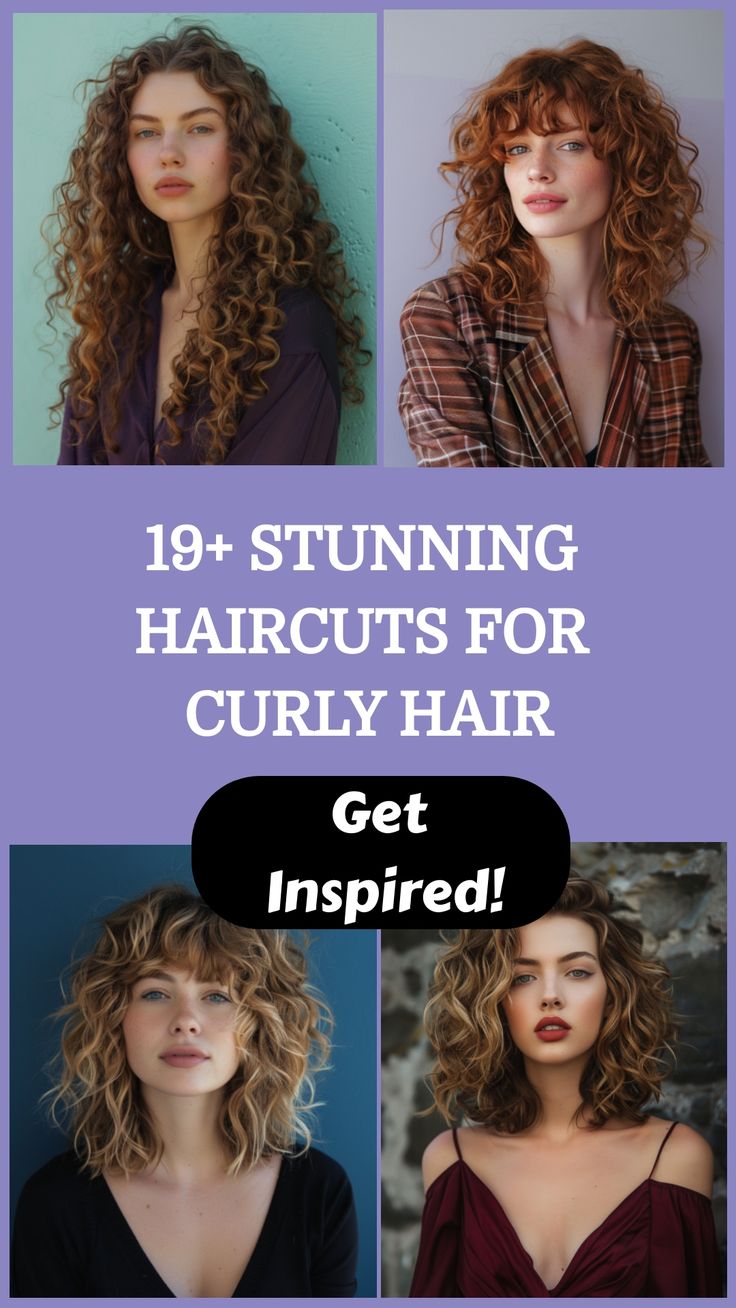 Collage of four women with various curly hairstyles, promoting haircuts for curly hair. Diamond Shape Curly Haircut, Round Face With Curly Hair, Haircut Ideas For Wavy Hair For Women, Rounded Wavy Haircut, Hairstyles For Head Shapes, Cool Haircuts Curly Hair, U Shape Haircut Curly Hair, Curly Hairstyles 2b 2c, Long Fine Curly Haircuts