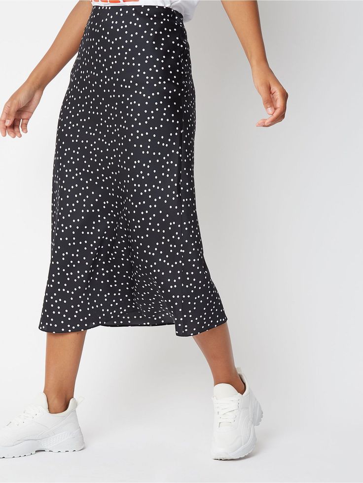 Black Polka Dot Midi Skirt | Women | George Black Polka Dot Skirt, Polka Dot Midi Skirt, 30 Outfits, Button Front Skirt, Satin Midi Skirt, Polka Dot Skirt, Dot Skirt, Slip Skirt, Satin Slip Dress