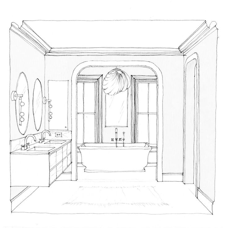 a drawing of a bathroom with two sinks and a bathtub