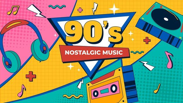 the 90's nostalic music album cover with headphones, tape recorders and