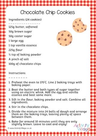 a recipe for chocolate chip cookies on a red and white checkered tablecloth background