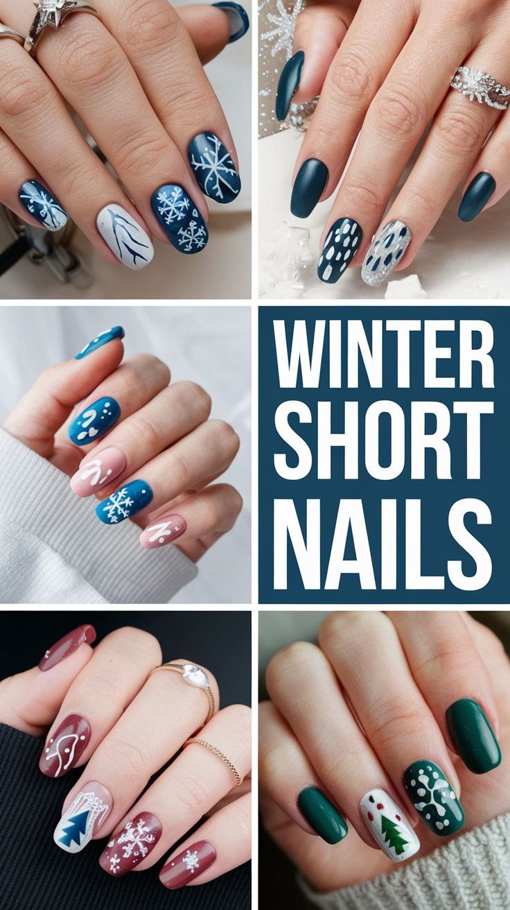 Winter short nails are all about simple ideas with cute accents. Choose gel designs in pink or blue, and add art elements like snowflakes for a wintery touch. French designs with dark winter colors work well for a classy look, especially on gel short almond or very short square nails. Winter trends also suggest using white and red for an elegant seasonal manicure. Winter Theme Nails Acrylic Short, Short Oval Winter Nails, Short Square Sweater Nails, Short Round Nail Designs Winter, Fingernail Designs Winter, Winter Nail Designs Short Nails, Cable Knit Nail Art, Square Dip Nails Winter, Snow Nails Short