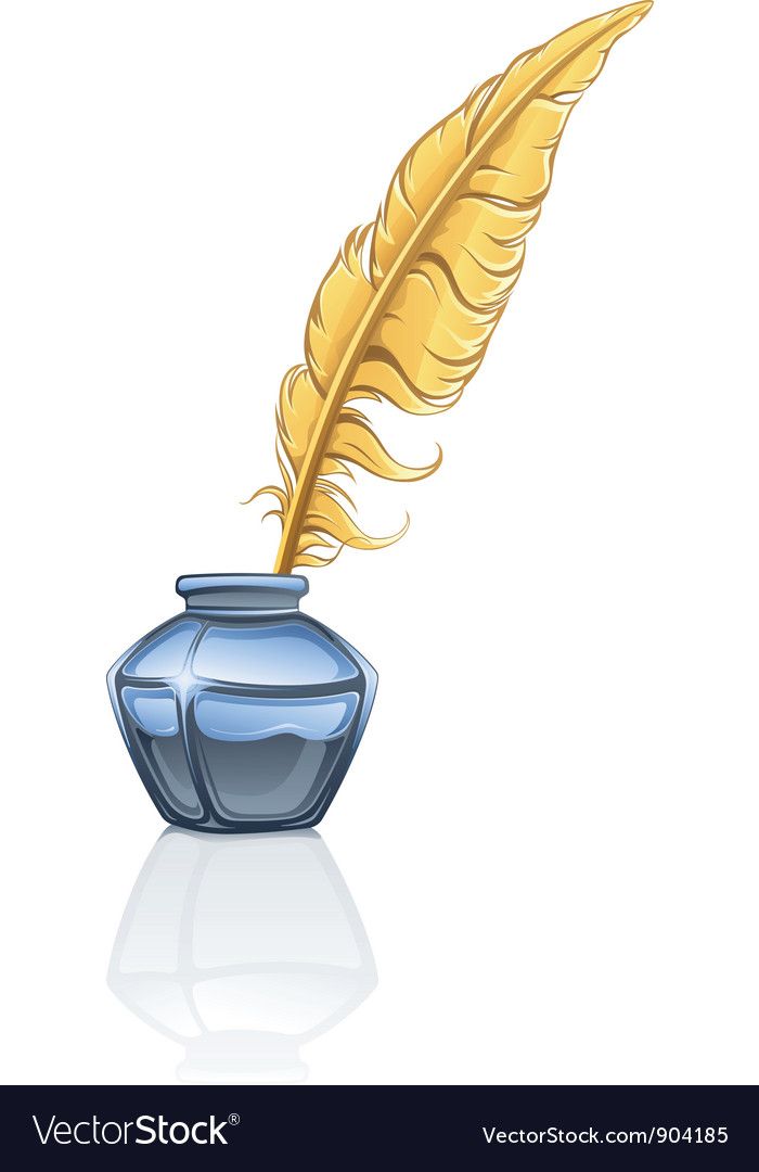 a blue vase with a golden feather quill on it's tip and reflection