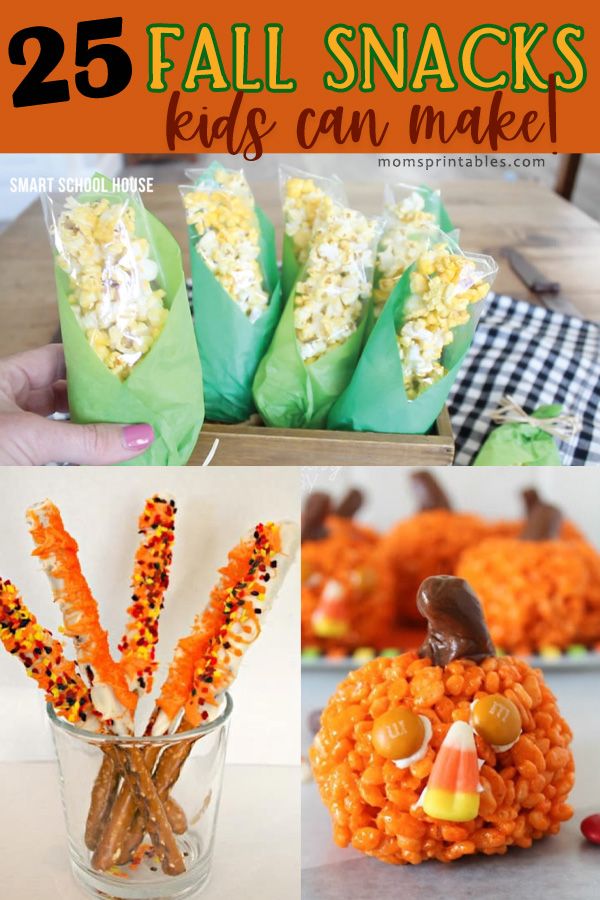 Fall Snacks Kids Can Make | Fall  Snacks for a Party | Fall Snacks for Kids School | Fall Themed Snacks for Kids | 25 FALL SNACKS for kids at Moms Printables! Fall Cooking Activities Preschool, Fall Snacks For Class Party, Thanksgiving Snack Ideas For School, Fall Kids Food Crafts, Thanksgiving Snack For Preschoolers, November Food Crafts For Kids, Fall Snacks For School Party, Fall School Treats For Kids, Fall Classroom Food Ideas