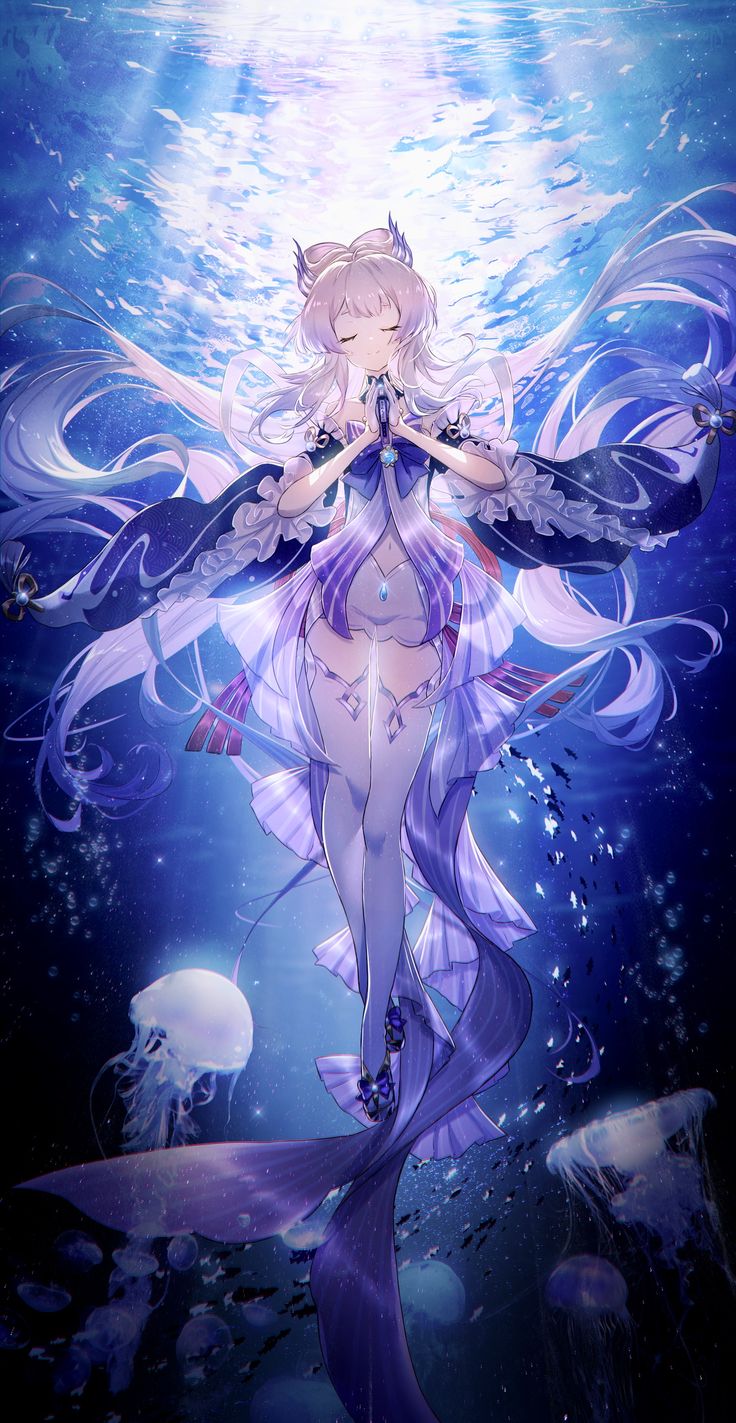 an anime character is standing in the water with her arms outstretched and hands on her hips