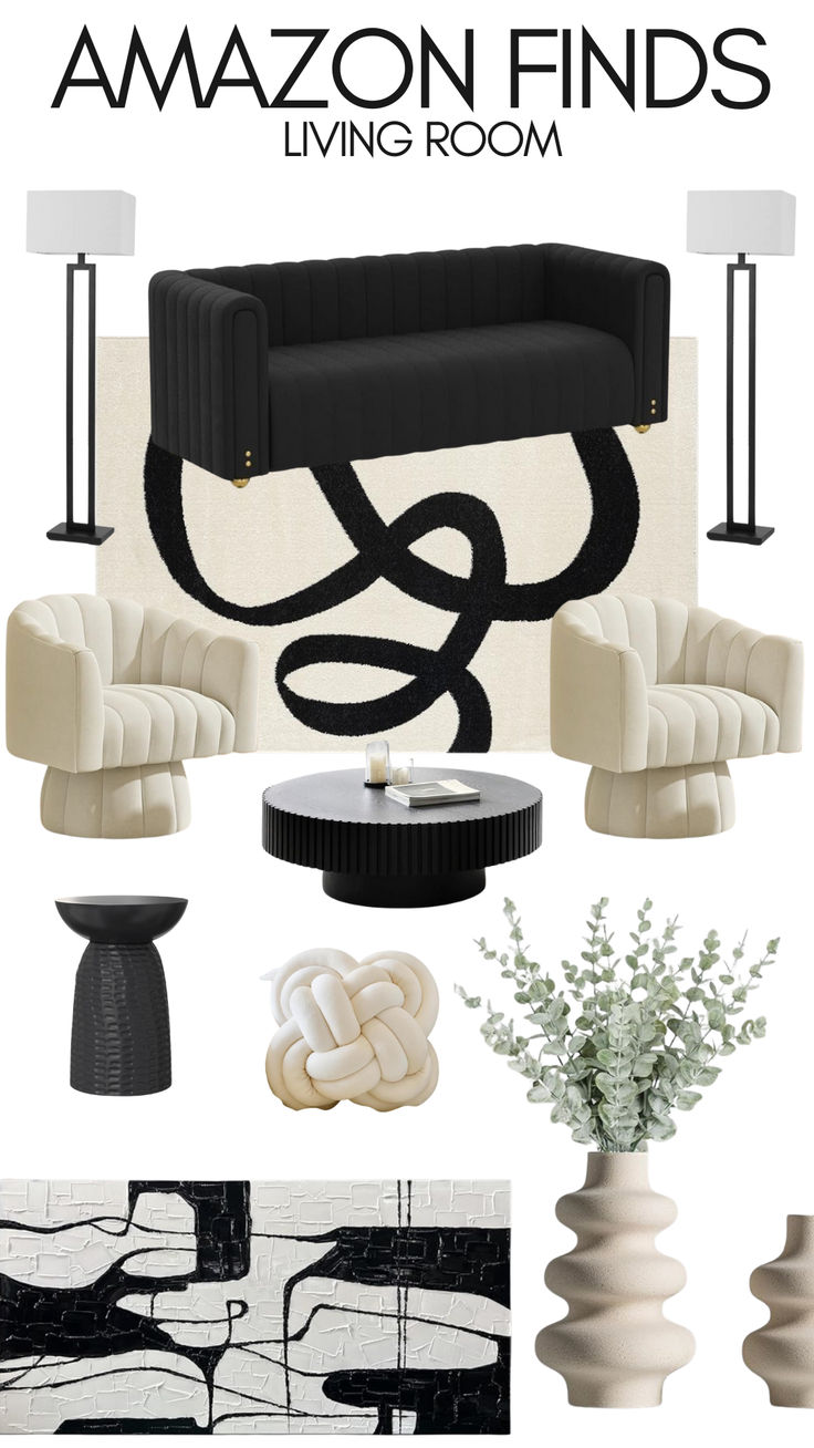 an interior design board with black and white furniture