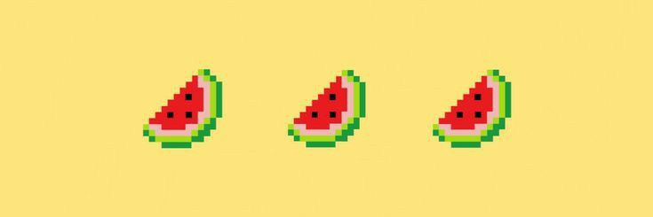 three slices of watermelon are shown in pixel art style on a yellow background