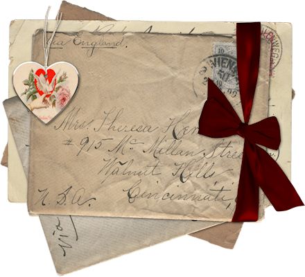 an old envelope with a heart and ribbon tied to it, sitting on top of two other envelopes