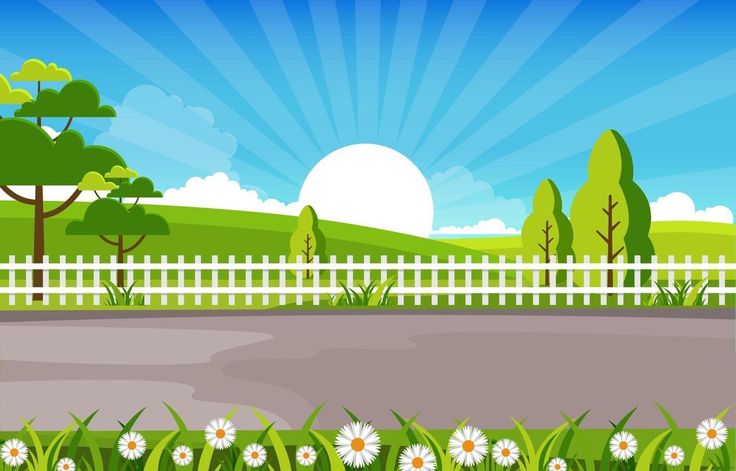 the sun is shining behind a white picket fence and flowers in front of a paved road