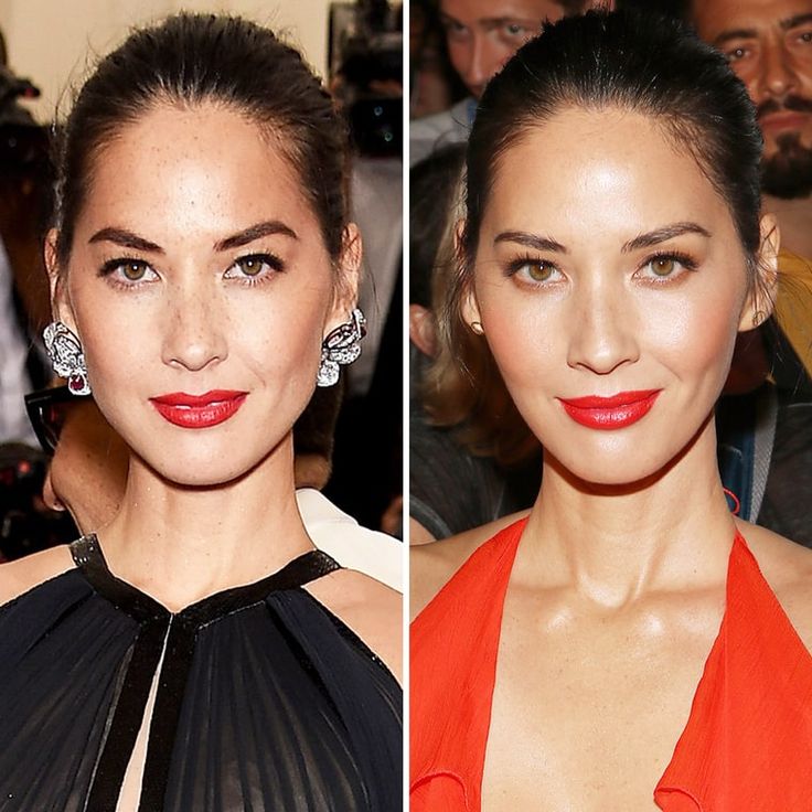 two pictures of models with red lipstick and one has an orange dress on the left