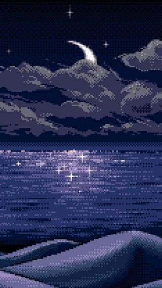 an old pixellated image of the ocean at night with stars and moon in the sky