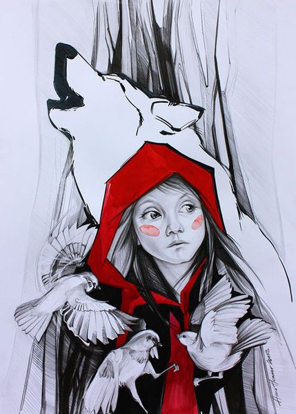 a drawing of a girl wearing a red hoodie and holding two birds in her hands