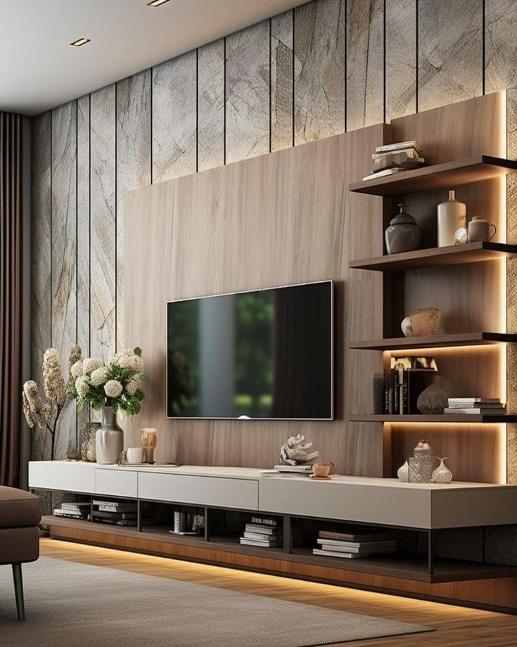 a living room with a large tv on the wall and shelves in front of it