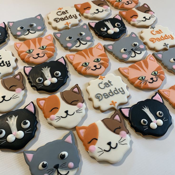 many decorated cookies with cats on them