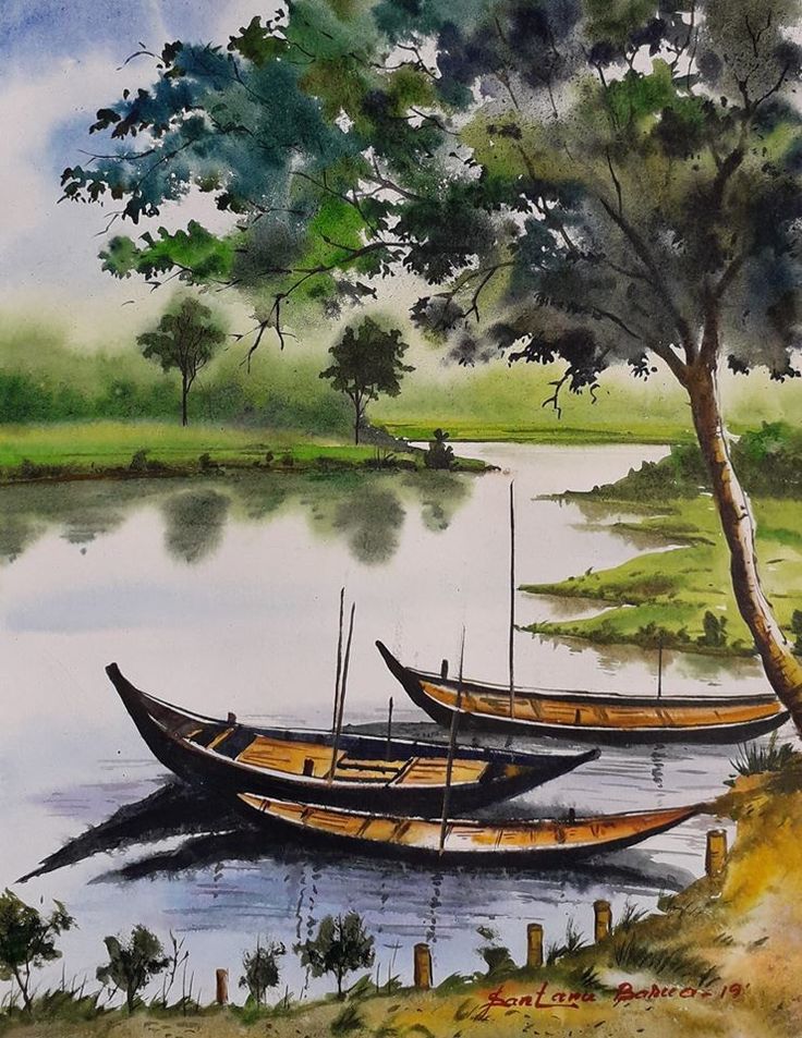 watercolor painting of two boats docked on the shore by a tree and grassy area