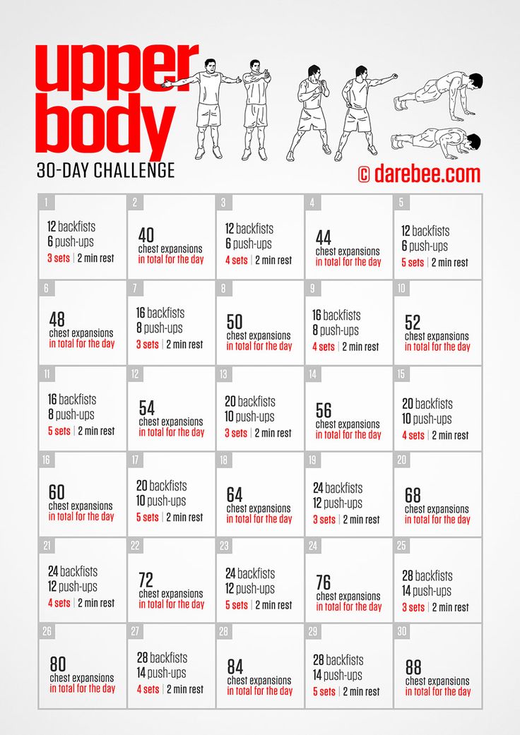 the upper body 30 - day challenge is shown in red and white, with instructions for each