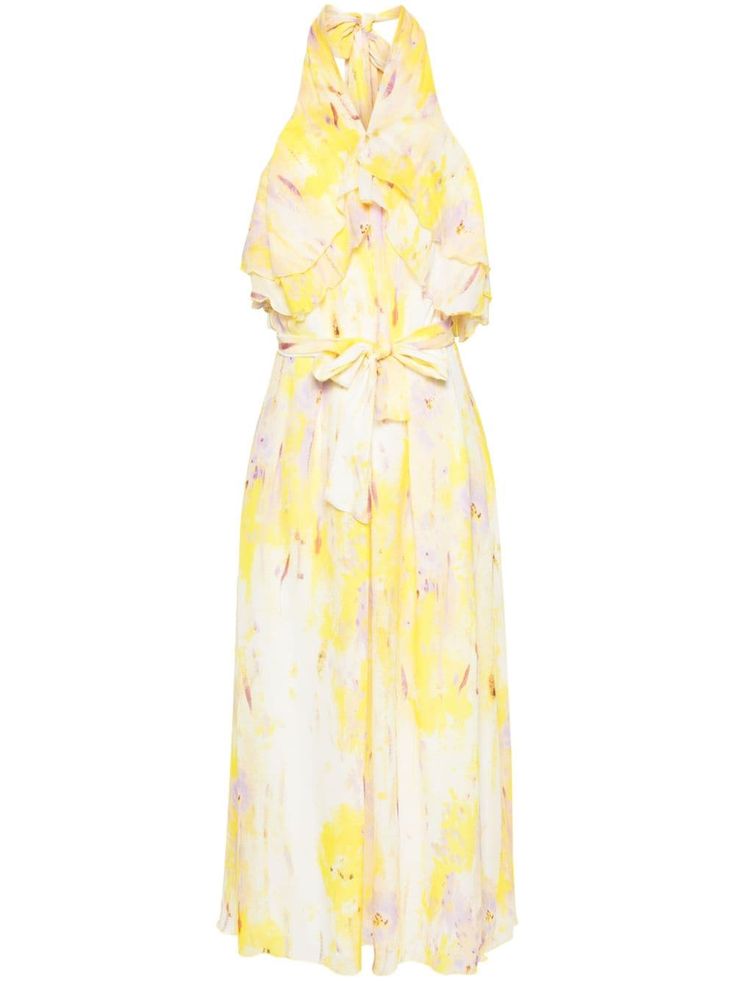 yellow/multicolour all-over floral print halterneck tie fastening ruffled trim sleeveless open back detachable waist belt straight hem full lining Msgm Dress, Pale White Skin, Dress Yellow, Yellow Dress, Cocktail Dress Party, Ruffle Trim, Waist Belt, Dress Details, Favorite Color