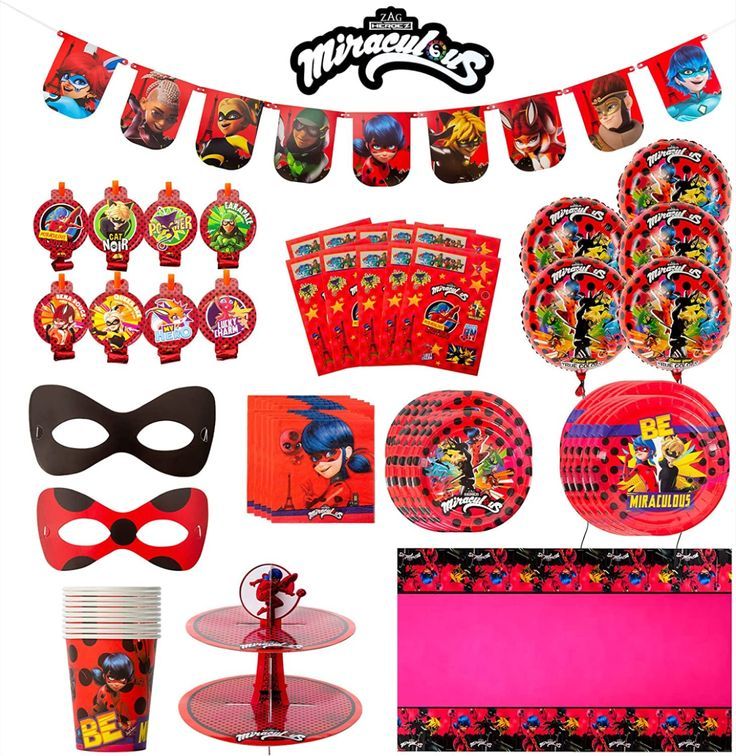 an assortment of party supplies including masks, plates and napkins