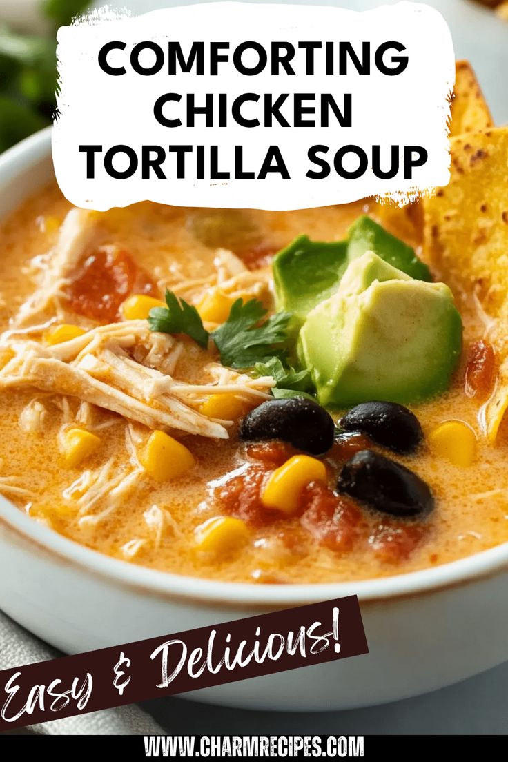 a white bowl filled with chicken tortilla soup