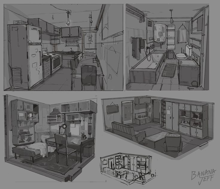 sketches of the interior of a kitchen and living room in a small space with furniture