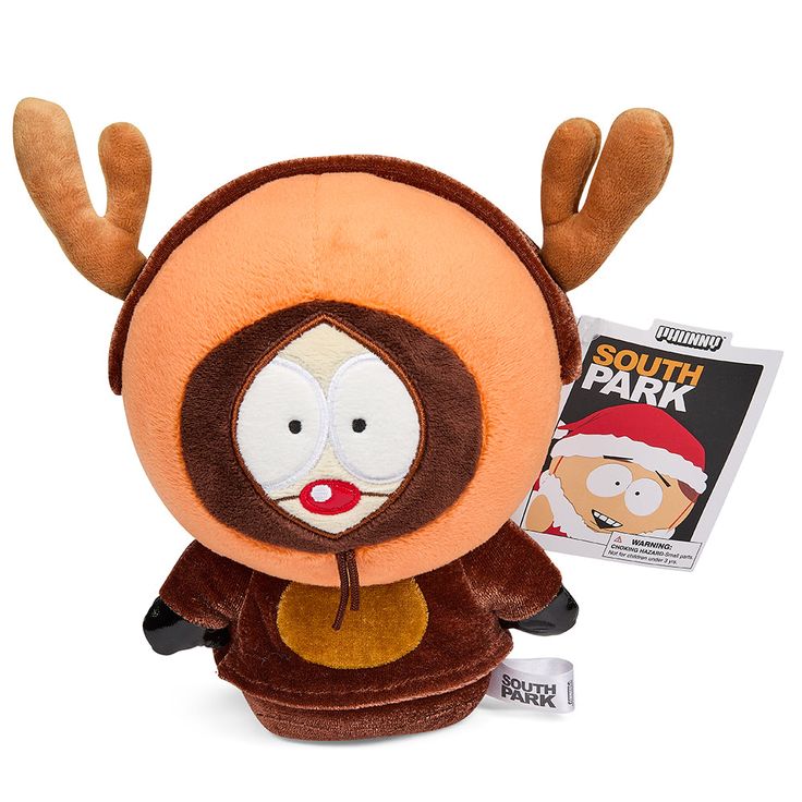 a stuffed animal with reindeer antlers on it's head and an ear tag